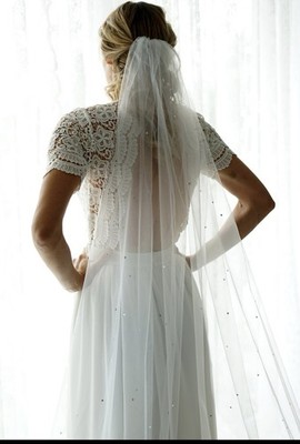 White Fingertip Length 2 Layer Sheer Net Veil with Swarovski Rhinestones. 