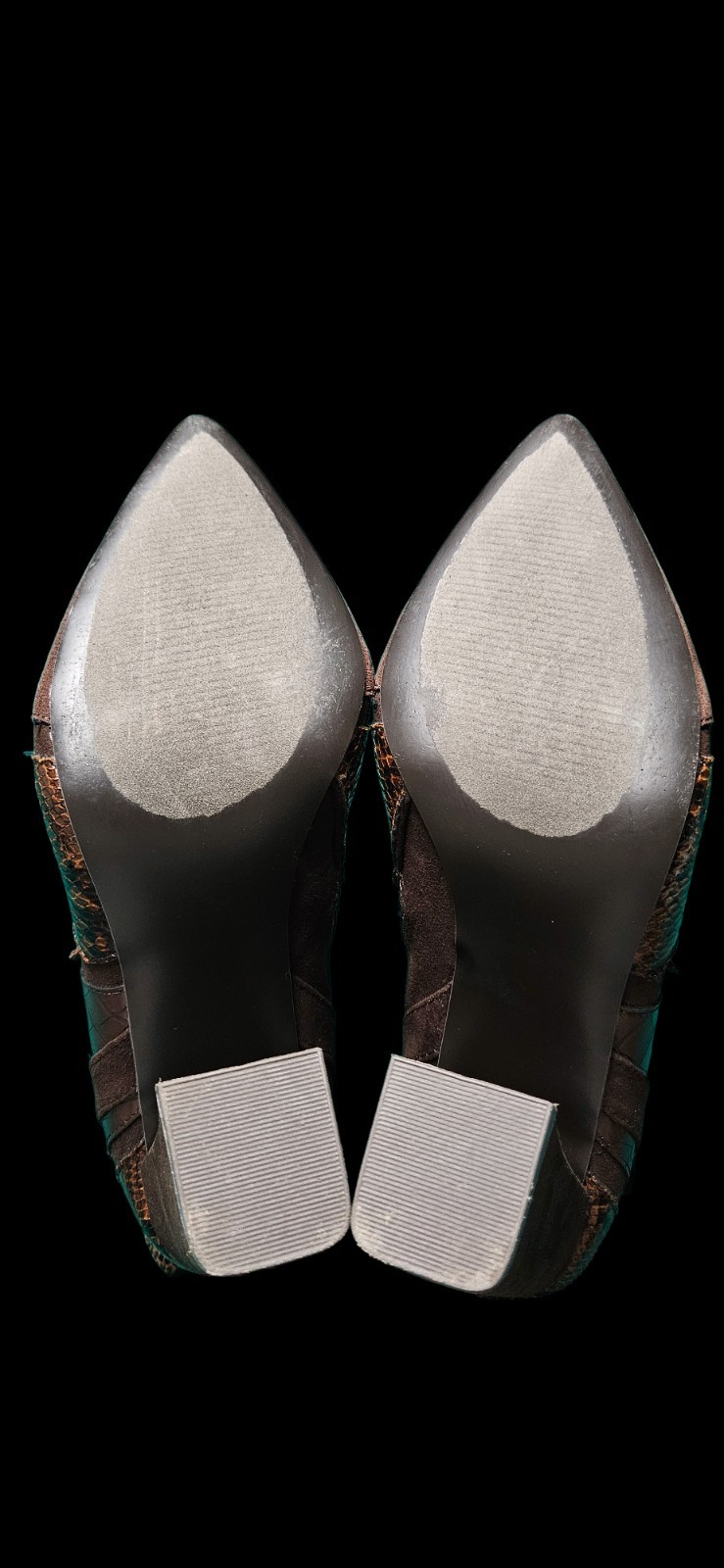 JUST FAB Adler Patchwork Heeled Bootie Brown Snak… - image 6