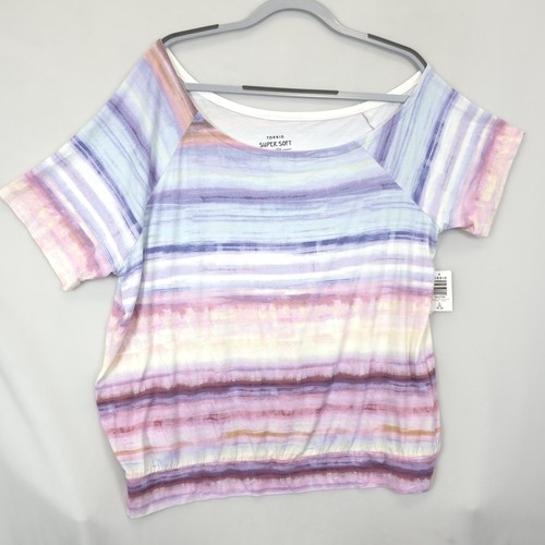 Torrid Super Soft Shirt Women 2X Purple Pastel Striped Knit Off Shoulder Top - Picture 2 of 10