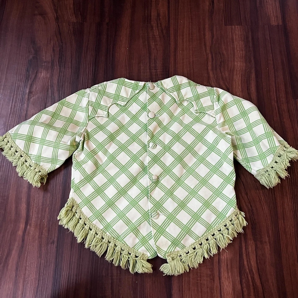 Винтажный 1970-х годов девочек Karman Western рубашки зеленый клетку кнопка назад верхняя бахрома 8/9 - Изображение 4 из 4