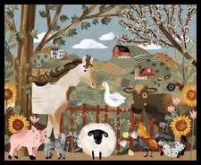 Farm Animals Barn Fabric Horse Sheep Farm Country Cotton by Blank 36"X44" Panel