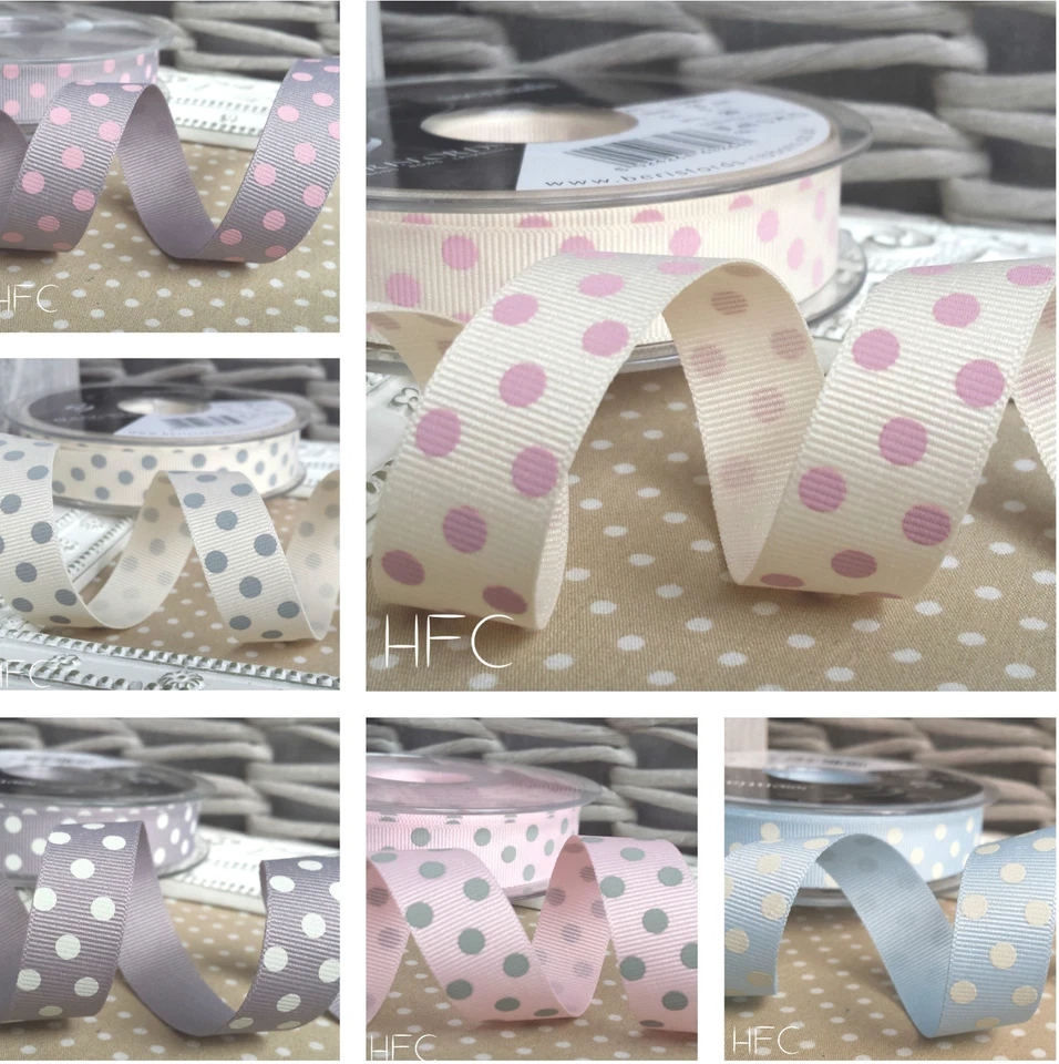 15mm Polka Dot Grosgrain Ribbon by Berisfords. Grey, Pink, Natural, Blue, Ivory