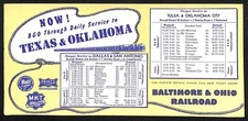 Baltimore & Ohio Railroad Texas Oklahoma w/ Schedule Large Ink Blotter c1946
