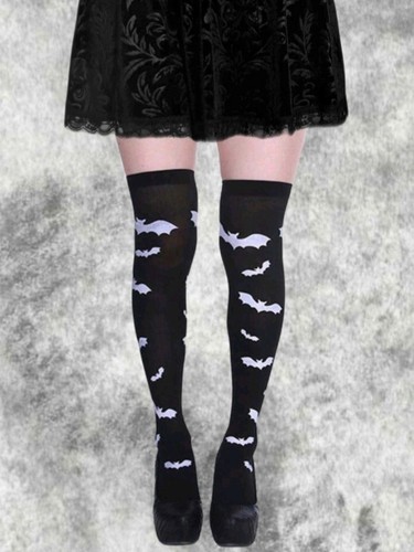 New 2 Pairs Gothic White Bat Print Black Thigh High Stockings Hold Ups Halloween - Picture 7 of 8