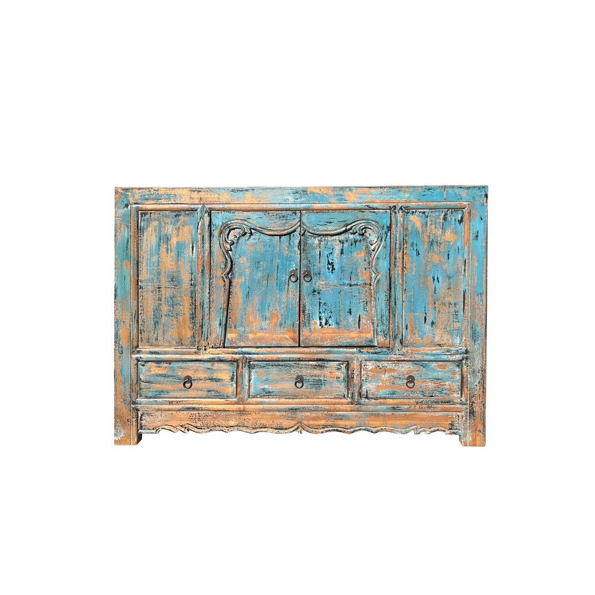 Distressed Rustic Aqua Teal Blue Doors Credenza Sideboard Console