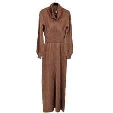 Vtg 70s Disco Wenjilli Sz 15/16 Copper Gold Metallic Knit Maxi Dress Cowl Gown