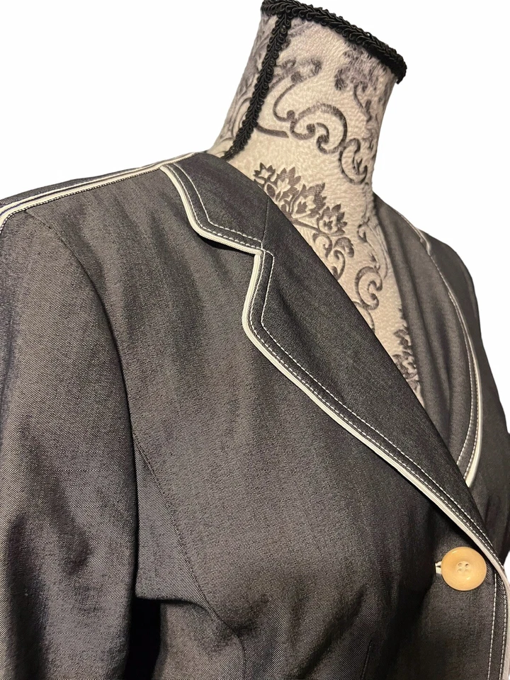 Chaqueta Blazer Worth Mujer Talla 8P Pequeña Mezcla Lana Gris/Blanco Sin Cuello Foto 4 de 4