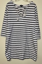 Gap Dress Women's Size Large White w Black Stripe 3/4 Sleeves Drawstring Front