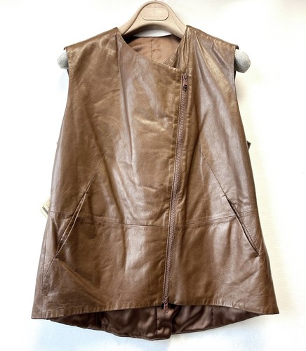 NWT BRUNELLO CUCINELLI Leather Vest Jacket Brown Diagonal Zipper 42 6 Woman Bike - Picture 4 of 9