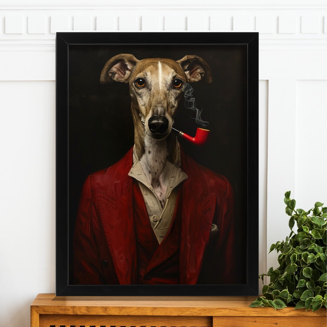 Elegant Greyhound Red Suit Wall Art Classic Canine Gentleman Whippet Art  Print
