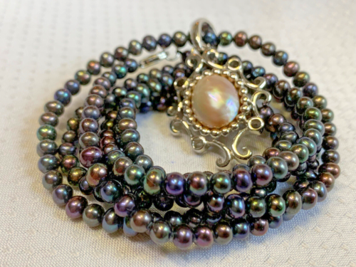 Sterling Silver Tahitian Pearl Necklace 8.24g Fine Jewelry 36" Mother of Pearl