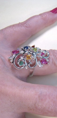 FANCY SAPPHIRE & GEMSTONE RING 2.00 CTW sz 7 WHITE GOLD over 925 STERLING SILVER - Picture 11 of 12