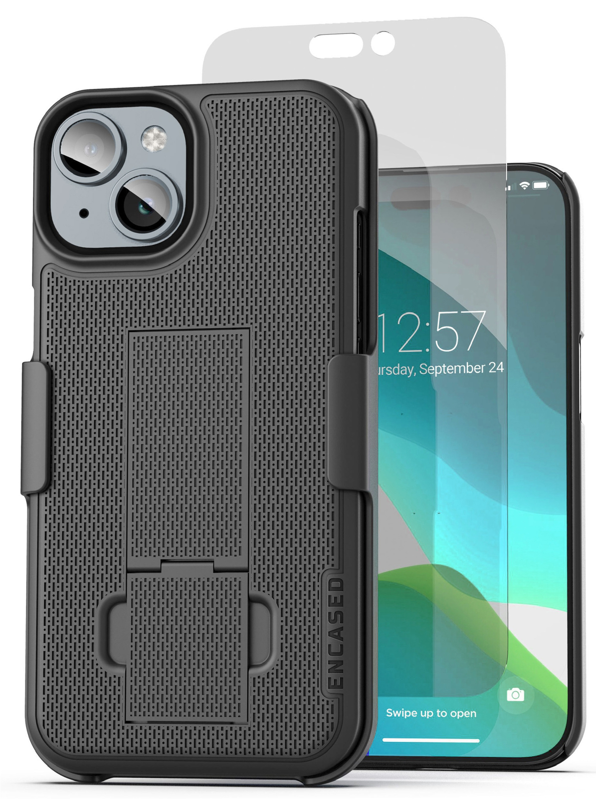 iPhone 15 Belt Clip Case, Slim Phone Case Holster with Glass Screen Protector