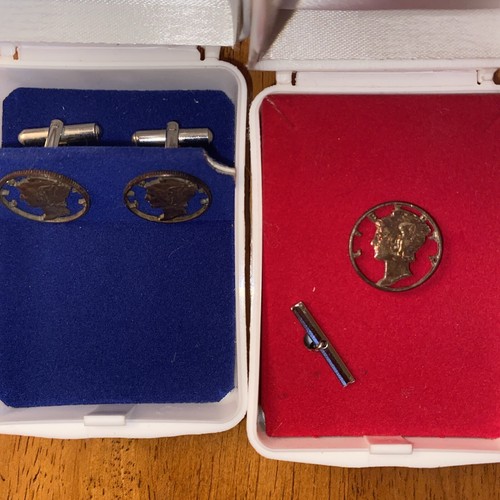 GENUINE MERCURY DIME CUFFLINKS AND TIE TACK REPURPOSED NICELY TONED 90% SILVER - Picture 4 of 4