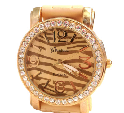 GENEVA PLATINUM Damen Armbanduhr Zebra Look mit Strass, Silikon Armband NEU!