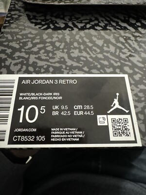 Air Jordan 3 Retro White/Black Dark Iris CT 8532 105 Size 10.5