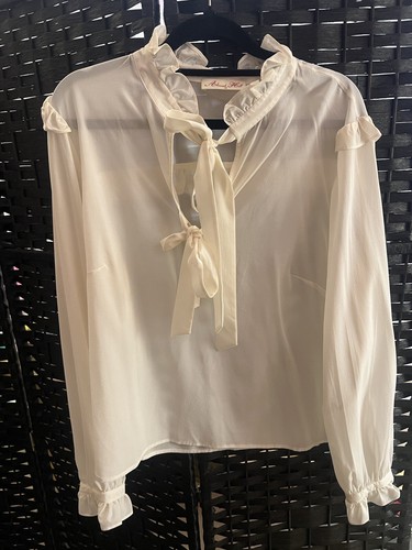 Alannah Hill White Silk Blend Pussycat Bow Shirt Blouse 12-14 - Picture 9 of 13