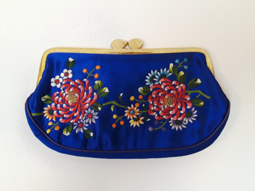 Clutch Purse Cobalt Blue Satin with Embroidered Flowers & Kiss Clasp - Picture 1 of 13