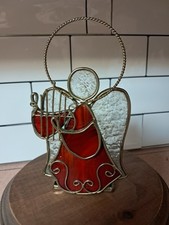 Stained Glass Angel With Harp  5" x 3.5"  Red Skirt  Standing Sun Catcher