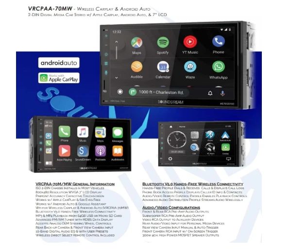 SOUNDSTREAM VRCPAA-70MW Double Din Car WIRELESS Android Auto Apple CarPlay 7" - Image 2 of 3