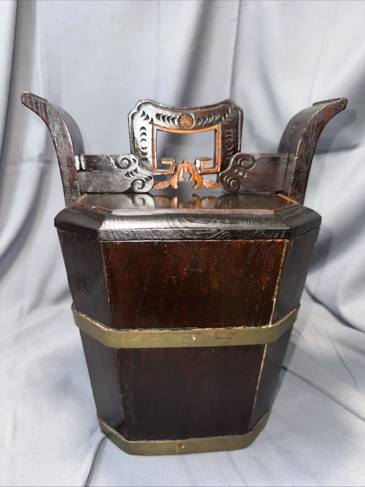 Antiguo carrito de té chino rojizo marrón tallado en madera 12"x10"x9" Foto 3 de 4