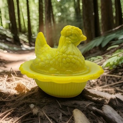 BIG Covered Hen On Wide Rim Base Opaque Yellow Dandelion 6'' D x 4.5'' H