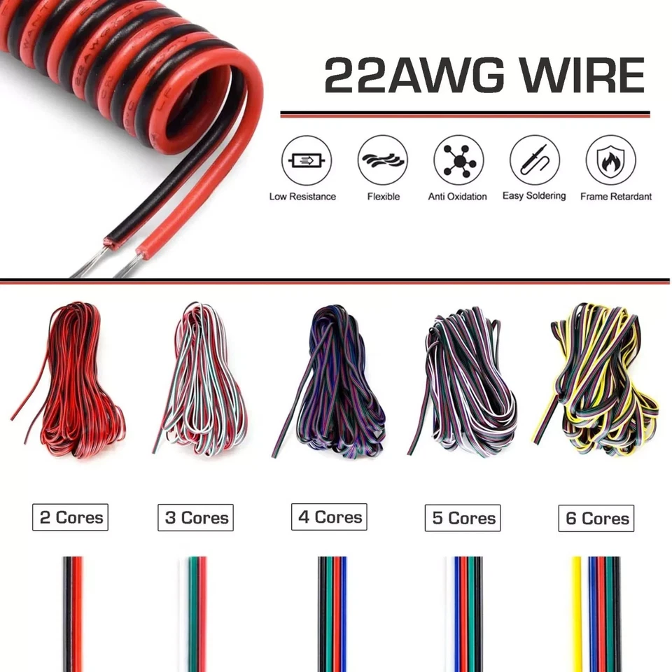 G.W.S. LED 25M/50M 22AWG 2/3/4/5/6 Core Flexible Electrical Extension Cable Wire DC 12V/24V