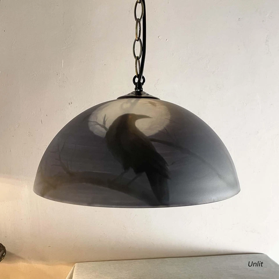 Lámpara colgante de techo de vidrio pintado a mano reverso L13001 - Cuervo en luna llena... Foto 3 de 4