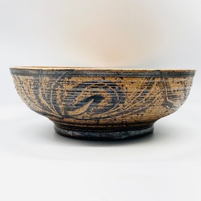 12'' Studio Pottery Large Serving Bowl Earthy Sgraffito Stoneware Large Asian Wey