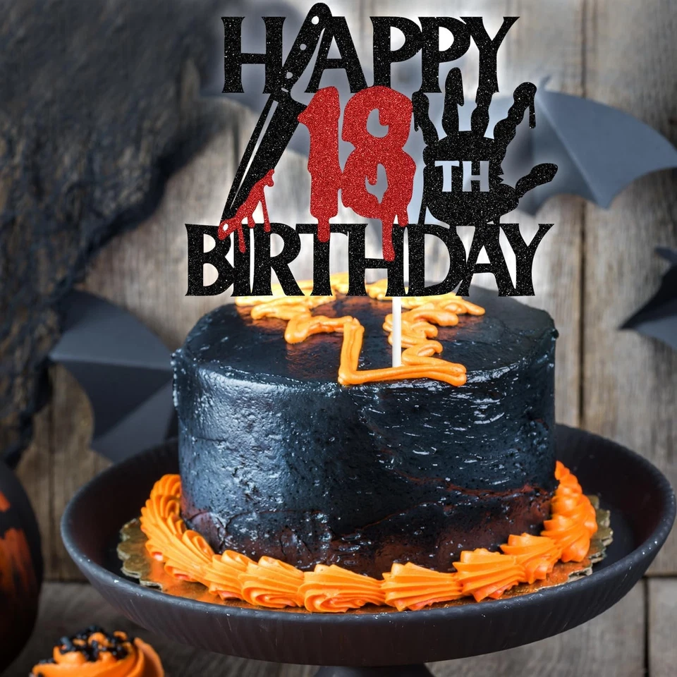 Decoração de bolo Black Glitter Killer feliz aniversário de 18 anos, Halloween zumbi vampiro B - Imagem 4 de 4