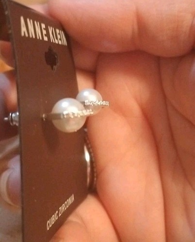 ANNE KLEIN Cubic Zirconia Saturn Shaped Silver Tone Faux Pearl Post Earrings .5" - Picture 5 of 10