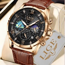 LIGE Men Watch Chronograph Sports Watches Date Luminous Male Leather Wristwatch