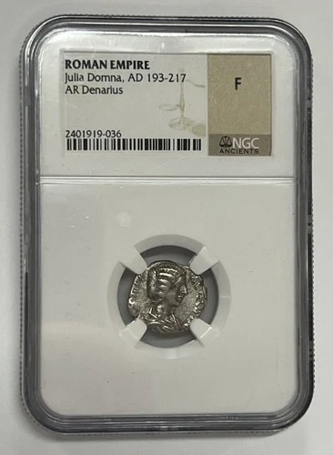 Roman Empire Julia Domna Silver AR Denarius AD 193-217 NGC F Fine Juno