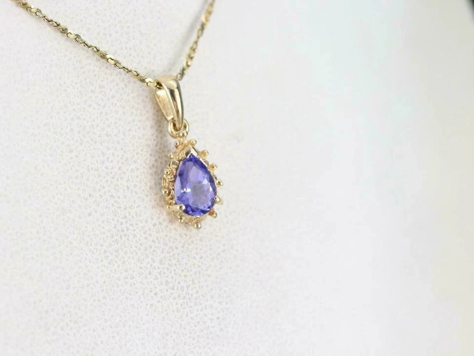 Кулон из желтого золота 14 карат с голубым танзанитом грушевидной огранки 2 карата бесплатная цепочка - Изображение 2 из 4
