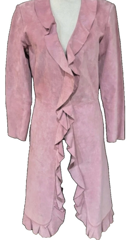 Vintage Margaret Godfrey Pastel Pink Suede Ruffled Trench Coat Pockets Size 4