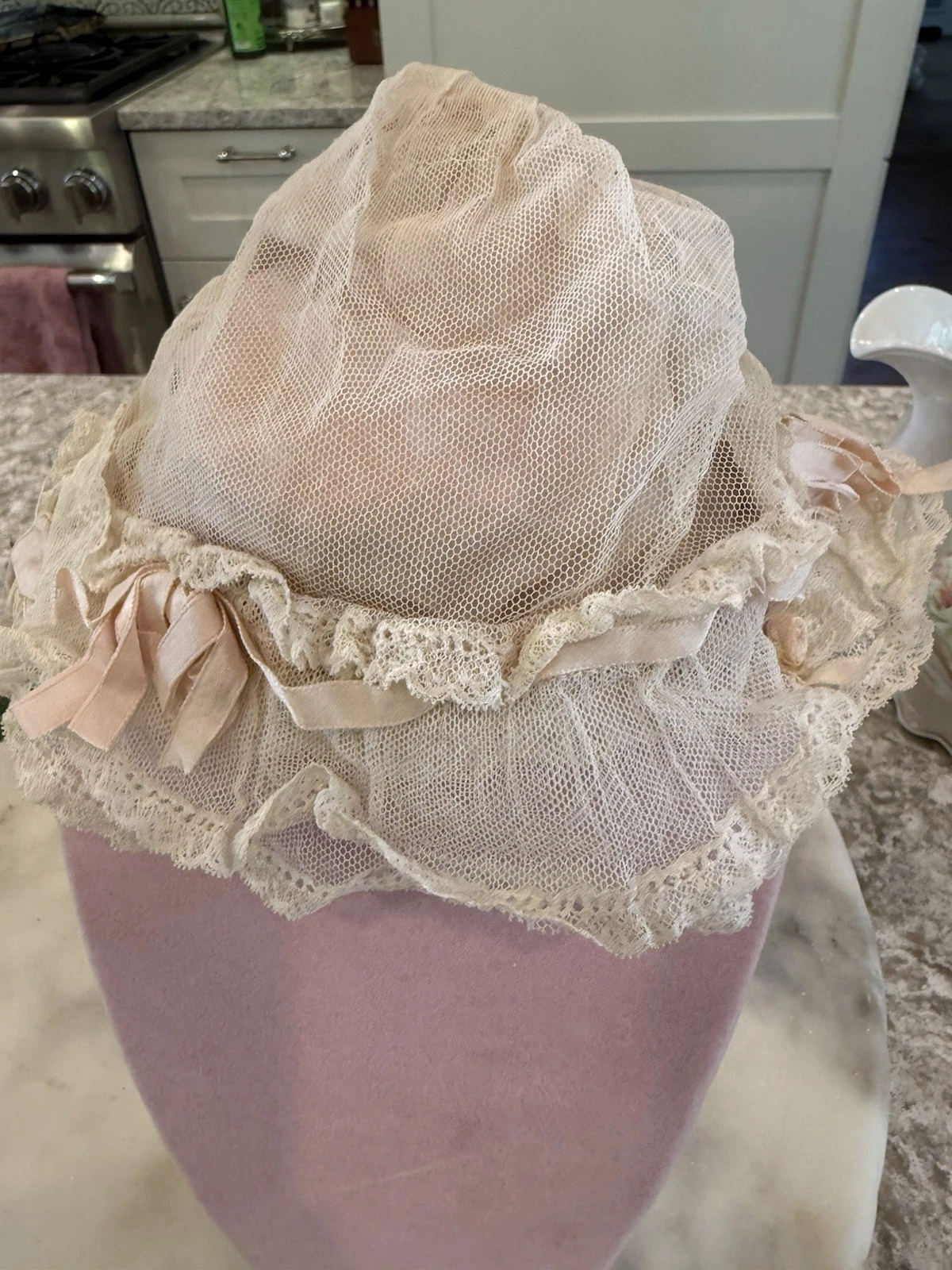 Antique Vtg Bonnet Hat Baby Victorian Pink Ribbon Cream So Sweet