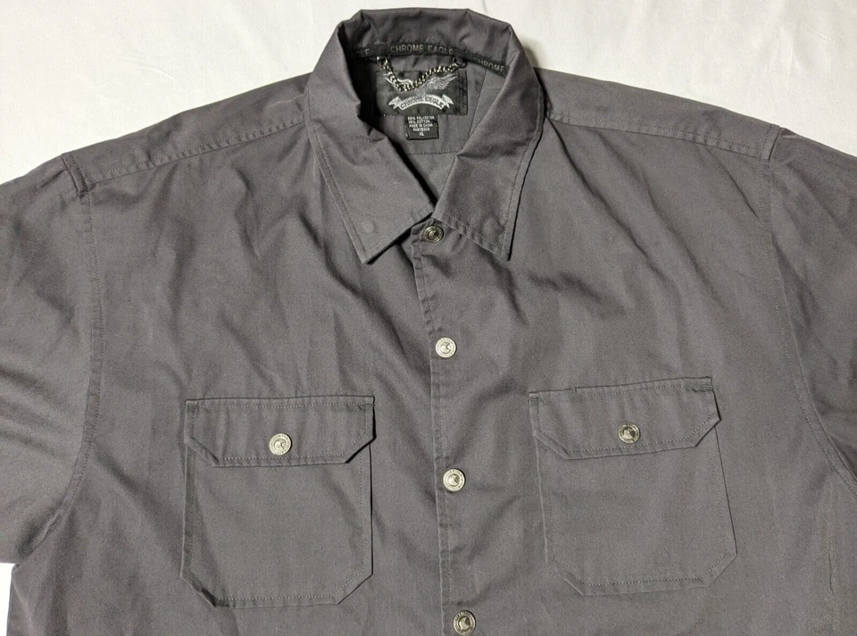 Camisa CHROME EAGLE Hombres XL Gris Botón a Presión Bordada Moto Mecánica Foto 3 de 4