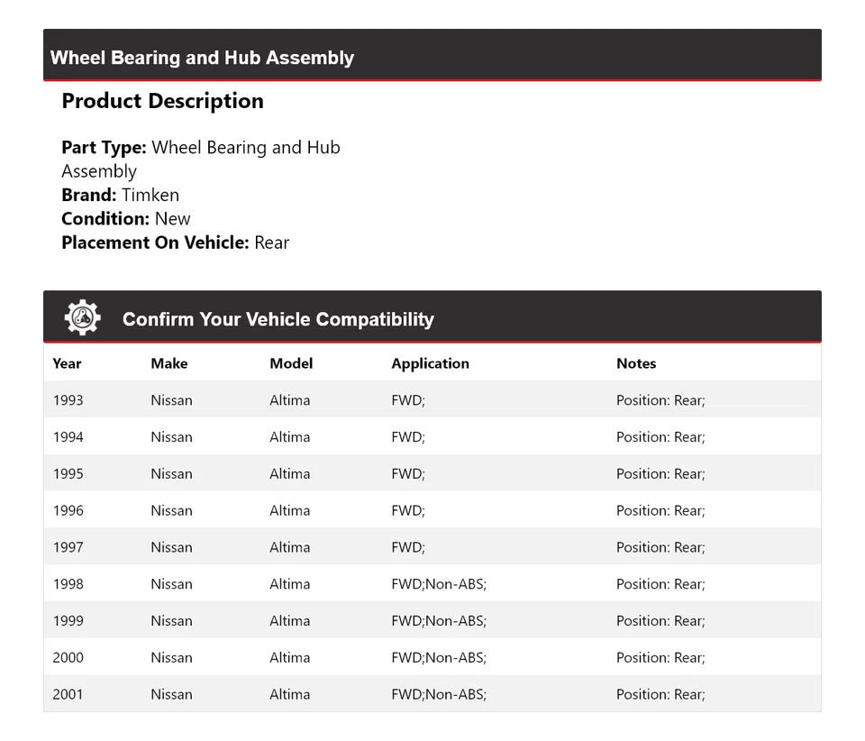 Para 1993-2001 Nissan Altima FWD rolamento de roda e conjunto de cubo traseiro Timken 1994 - Imagem 2 de 4