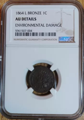 1864L Bronze Indian Head Cent AU Details Enviro Damage - NGC Graded KEY DATE