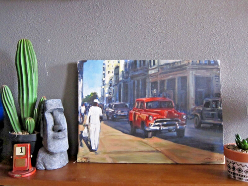 Original Signed Oil Painting on Canvas of Red Vintage Car on Cuban Street - Picture 8 of 14