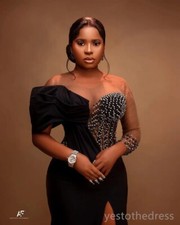 Black Women Illusion Mermaid Evening Formal Long Sleeves Beaded Rhinestones