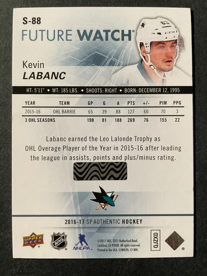 Kevin LABANC 2016-17 SP Authentic Future Watch Spectrum Level 2 #S-88 - Image 2 of 2
