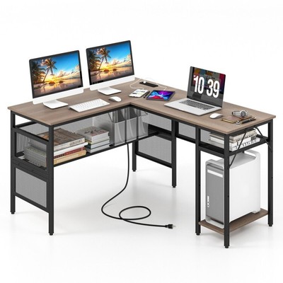 L-Shaped Home Office Desk Computer Desk w/Charging Station and Adjustable Shelf