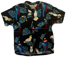 Vintage Paradise Found Parrots Birds Hawaiian Button Shirt Black Floral Mens L