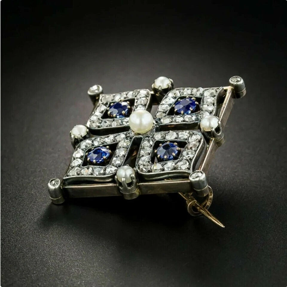 Broche prendedor redondo de zafiro azul de 3,10 quilates creado en laboratorio para mujer enchapado en oro blanco de 14 quilates Foto 4 de 4