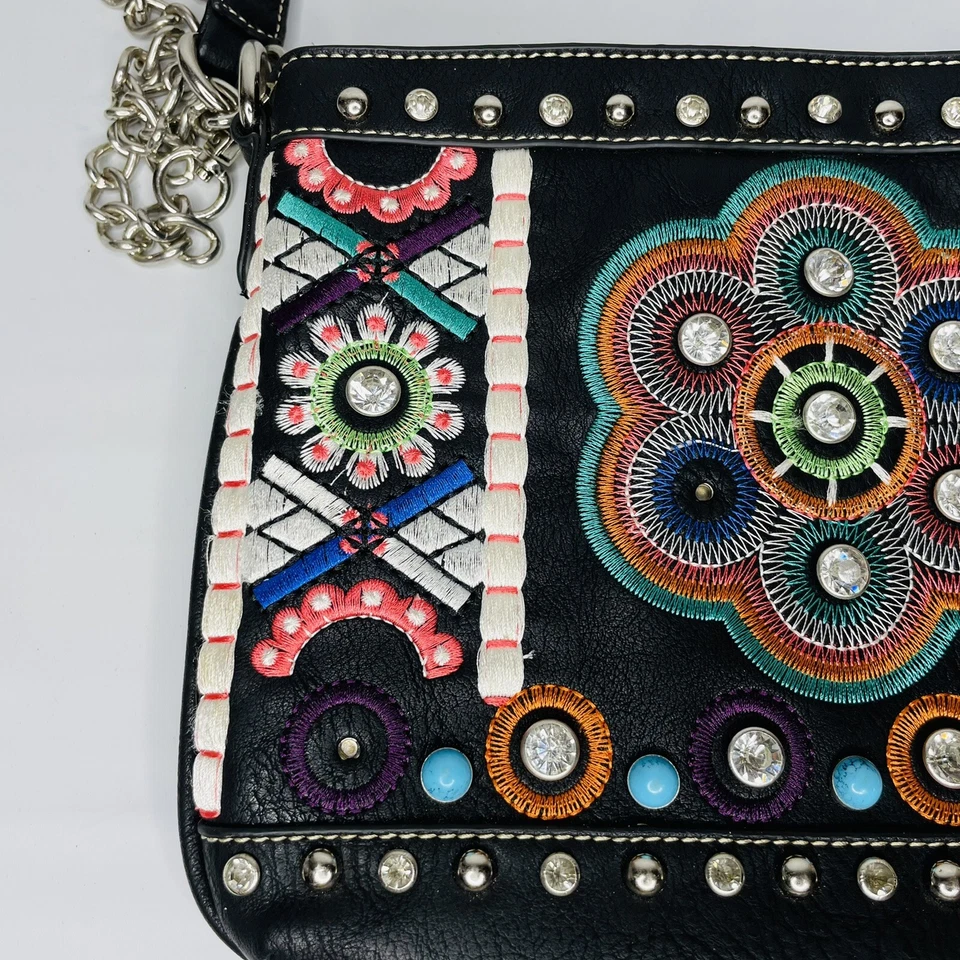 Bolso de Mano de Cuero Blazin Roxx Cartera Tachonado Estrás Bordado Floral  Foto 4 de 4