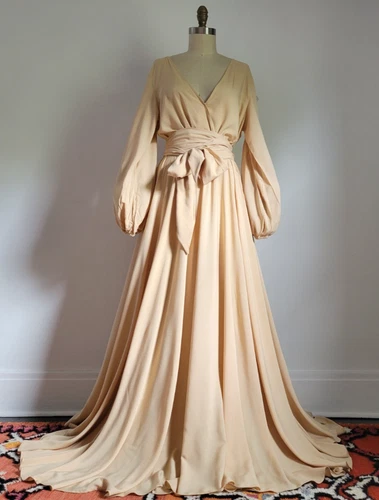 ERIKA PENA ANTHROPOLOGIE BEIGE WRAP MAXI DRESS w/ HUGE FULL SKIRT Sz M/L