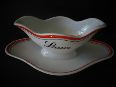 Pillivuyt Franch Bistro Orange Stripe Sauce / Gravy Boat w Attached Liner