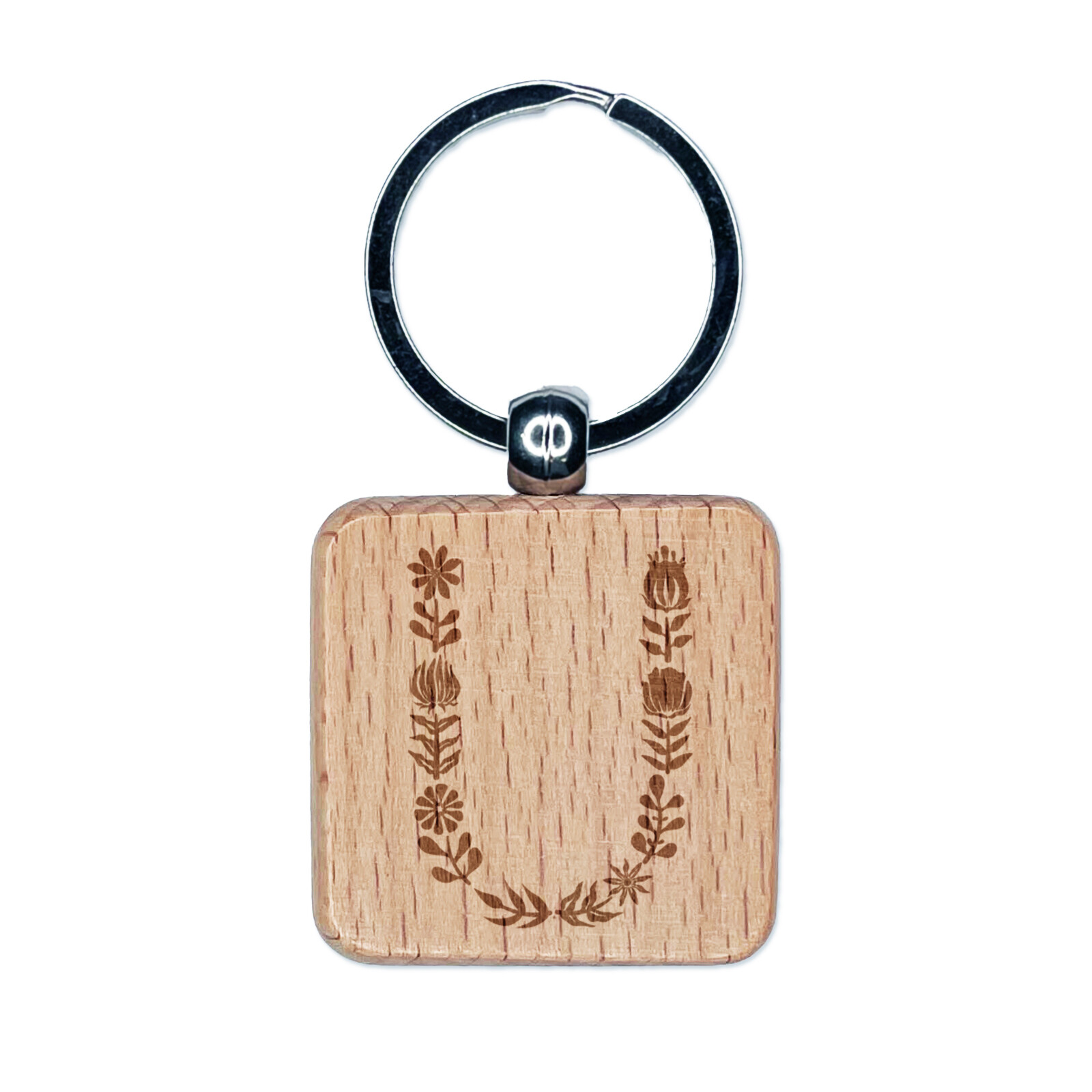 Elegant Botanical Floral Letter U Engraved Wood Square Keychain Tag Charm