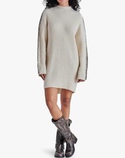 Steve Madden Women’s Gemma Mock neck Rib Sweater Dress Size L Crochet Details